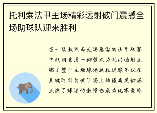 托利索法甲主场精彩远射破门震撼全场助球队迎来胜利 托利索法甲主场精彩远射破门震撼全场助球队迎来胜利