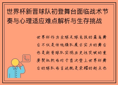世界杯新晋球队初登舞台面临战术节奏与心理适应难点解析与生存挑战