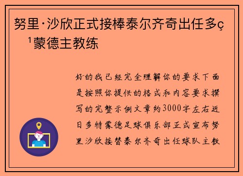 努里·沙欣正式接棒泰尔齐奇出任多特蒙德主教练
